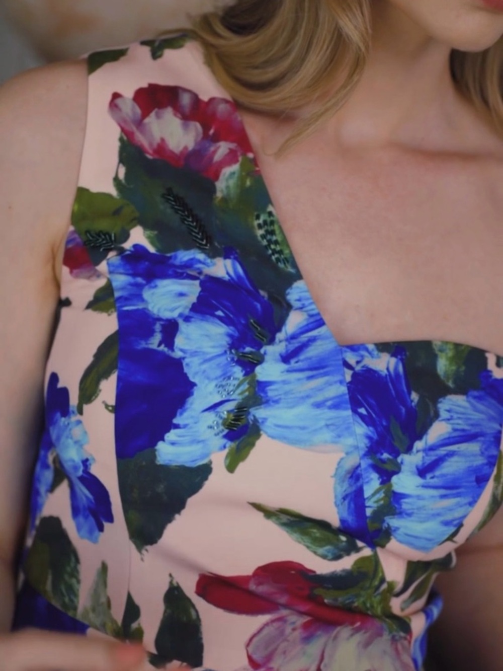 Kay Unger One-Shoulder Pink Dress with Blue Floral Print - Picture 11 of 14